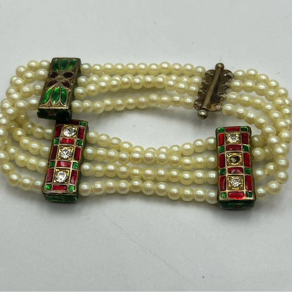 Vintage cloisonné faux pearl rhinestone layered bracelet